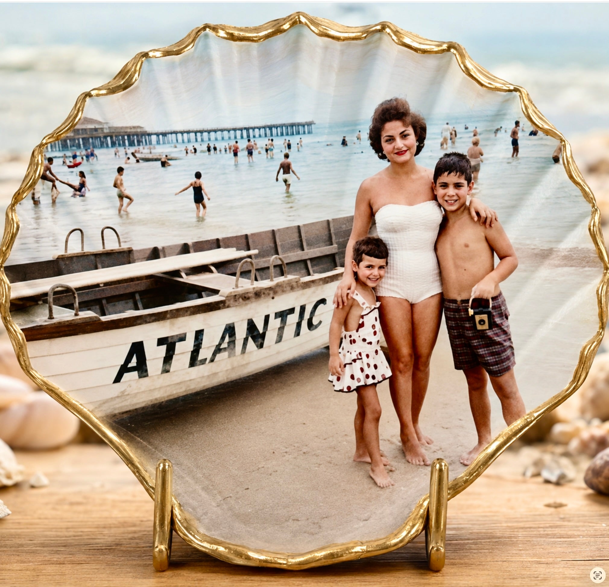 Personalized photo scallop shell keepsake featuring a vintage family beach photograph