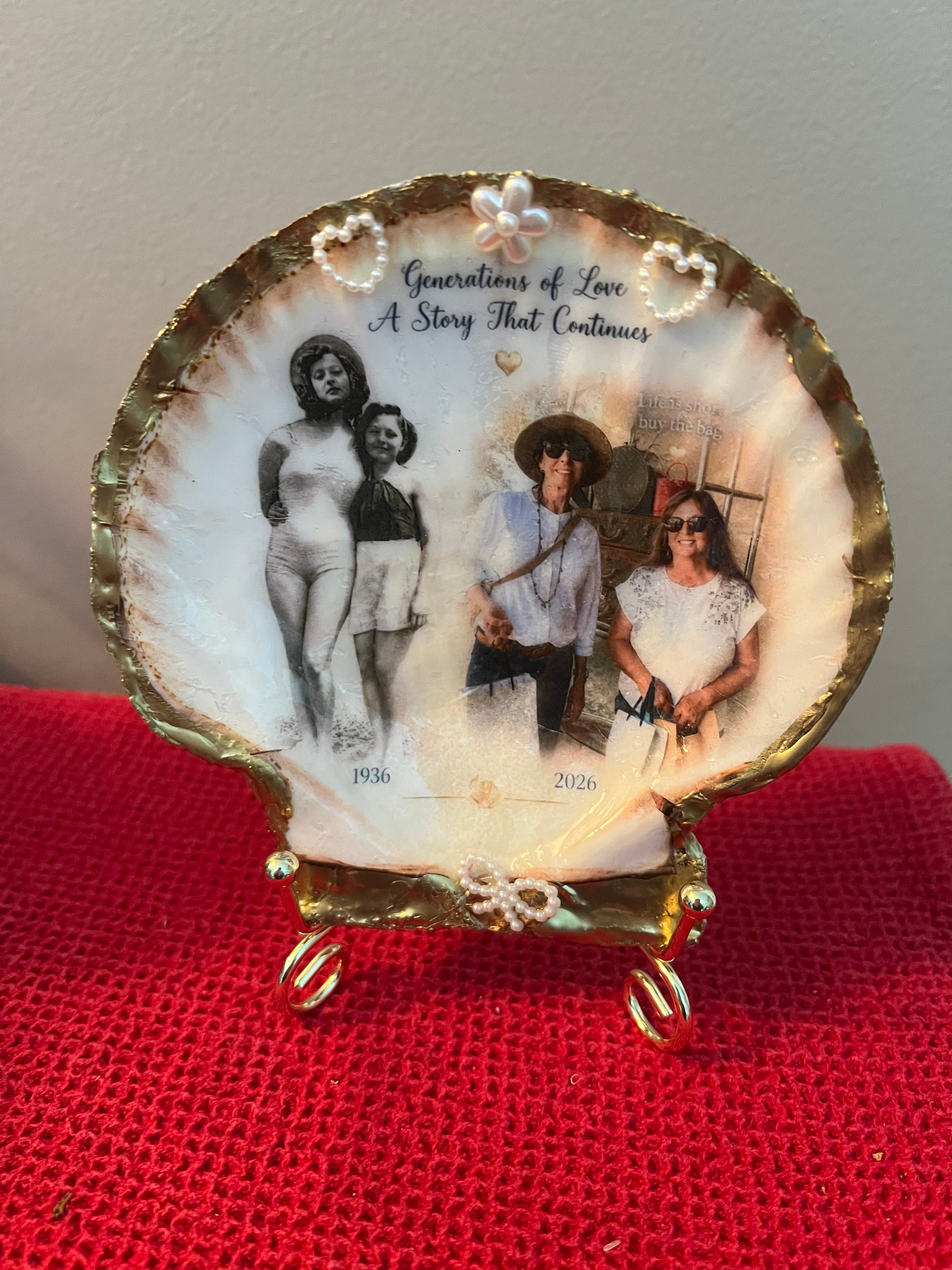 Personalized scallop shell keepsake featuring vintage and current family photos celebrating generations of love
