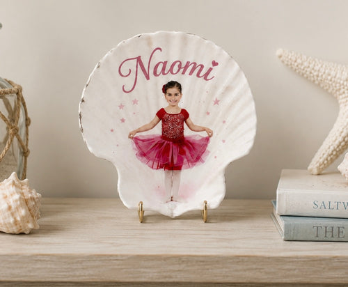 Personalized photo scallop shell keepsake featuring a young ballerina with the name Naomi