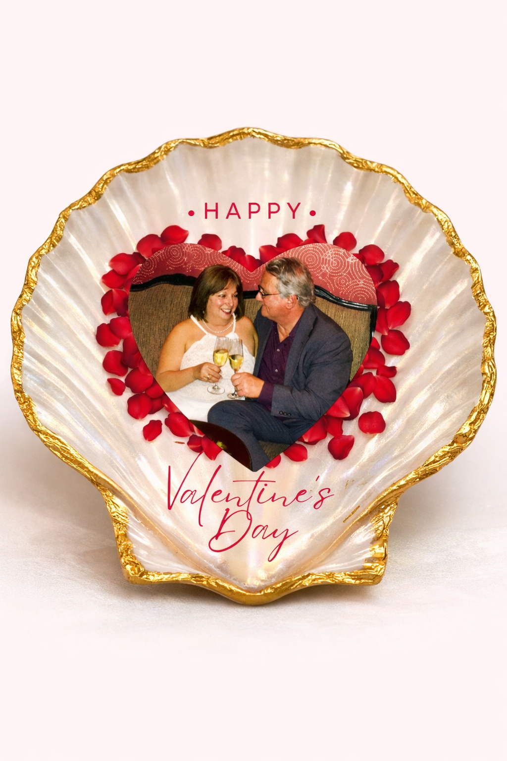 A scalloped shell-with a gold-trimmed edge, featuring a custom photo of a couple framed by red rose petals and the text 'HAPPY Valentine's Day' in red script and dot-lettering.