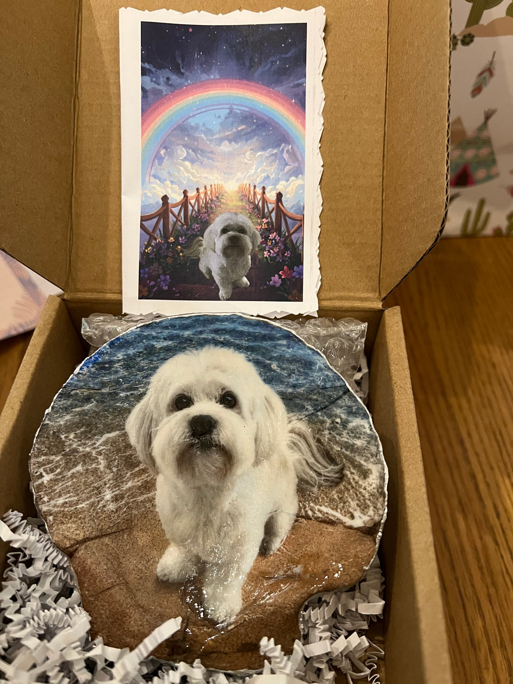 Personalized Rainbow Bridge pet memorial scallop shell keepsake featuring a beloved white dog in a gift box